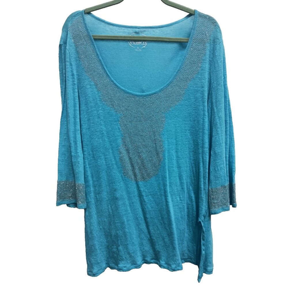 INC International Concepts Beach Womens Top XL Blue‎ Linen Flare Sleeve Coastal